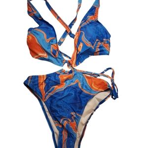 Vibrant Blue and Orange Swirl Bikini